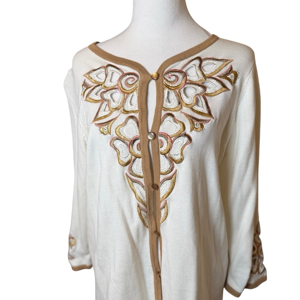 Bob Mackie Wearable Art Ivory Button Up Embroidered Cardigan Sweater‎ Medium
